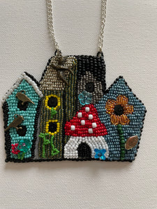 Birdhouses Bead Embroidered Necklace