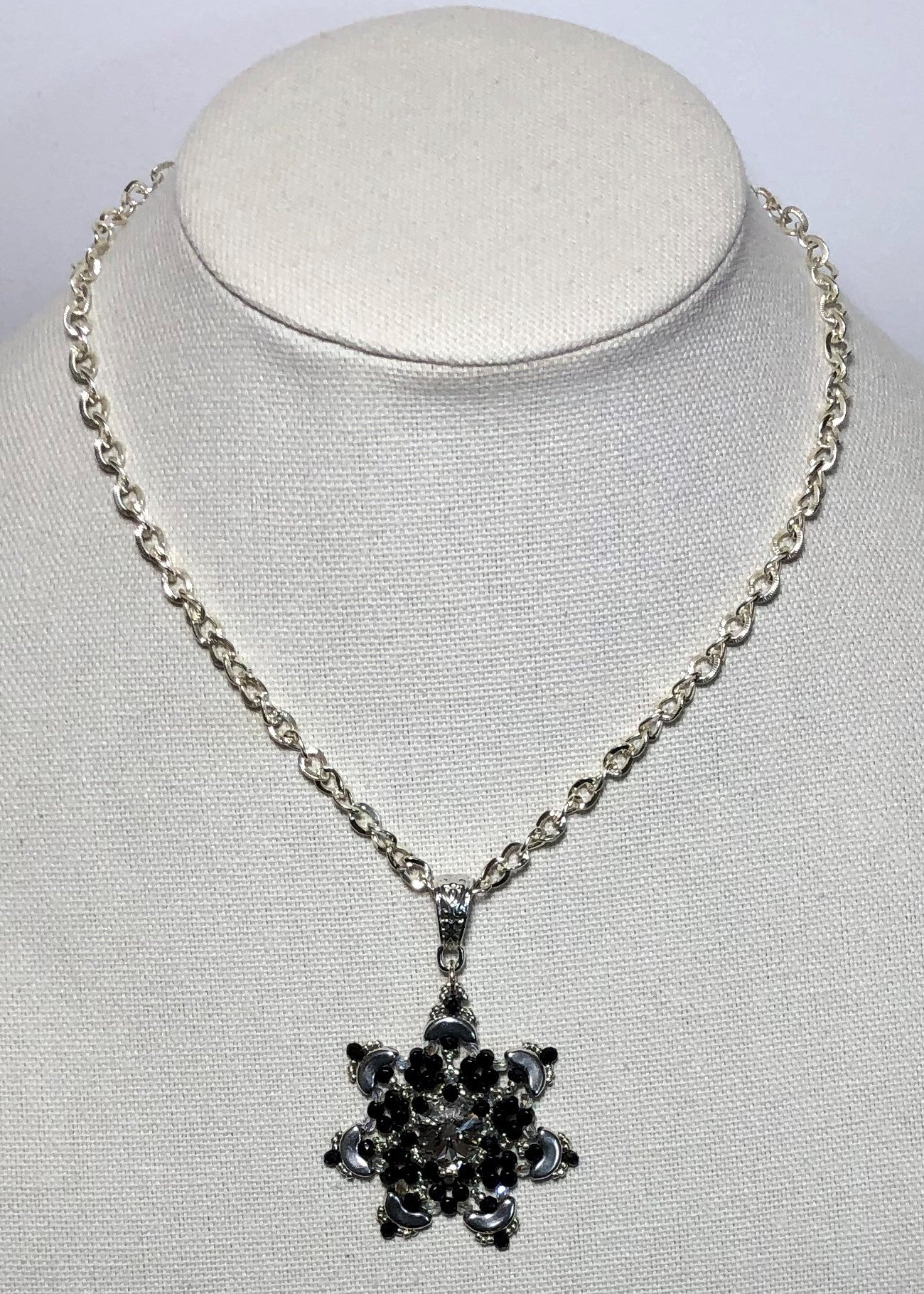 Black and Silver Winter Flower Pendant Necklace